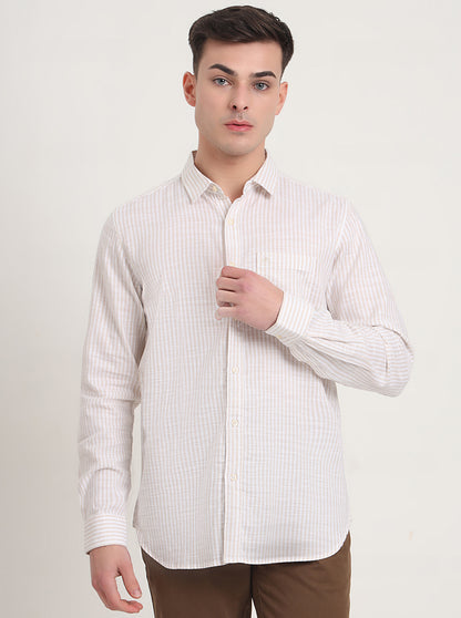 Beige Striped Slim Fit Casual Shirt | JadeBlue