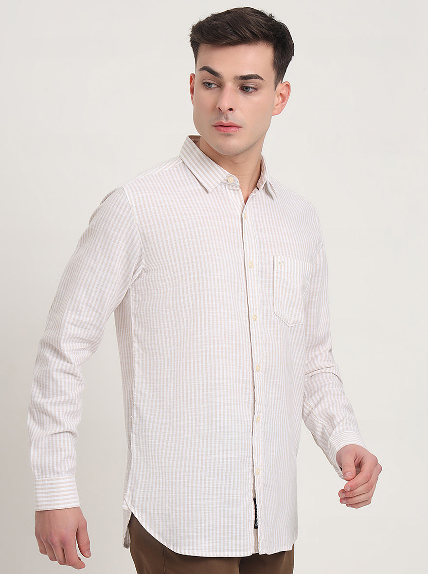 Beige Striped Slim Fit Casual Shirt | JadeBlue