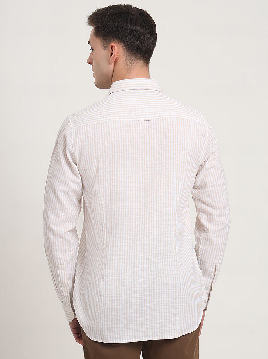 Beige Striped Slim Fit Casual Shirt | JadeBlue