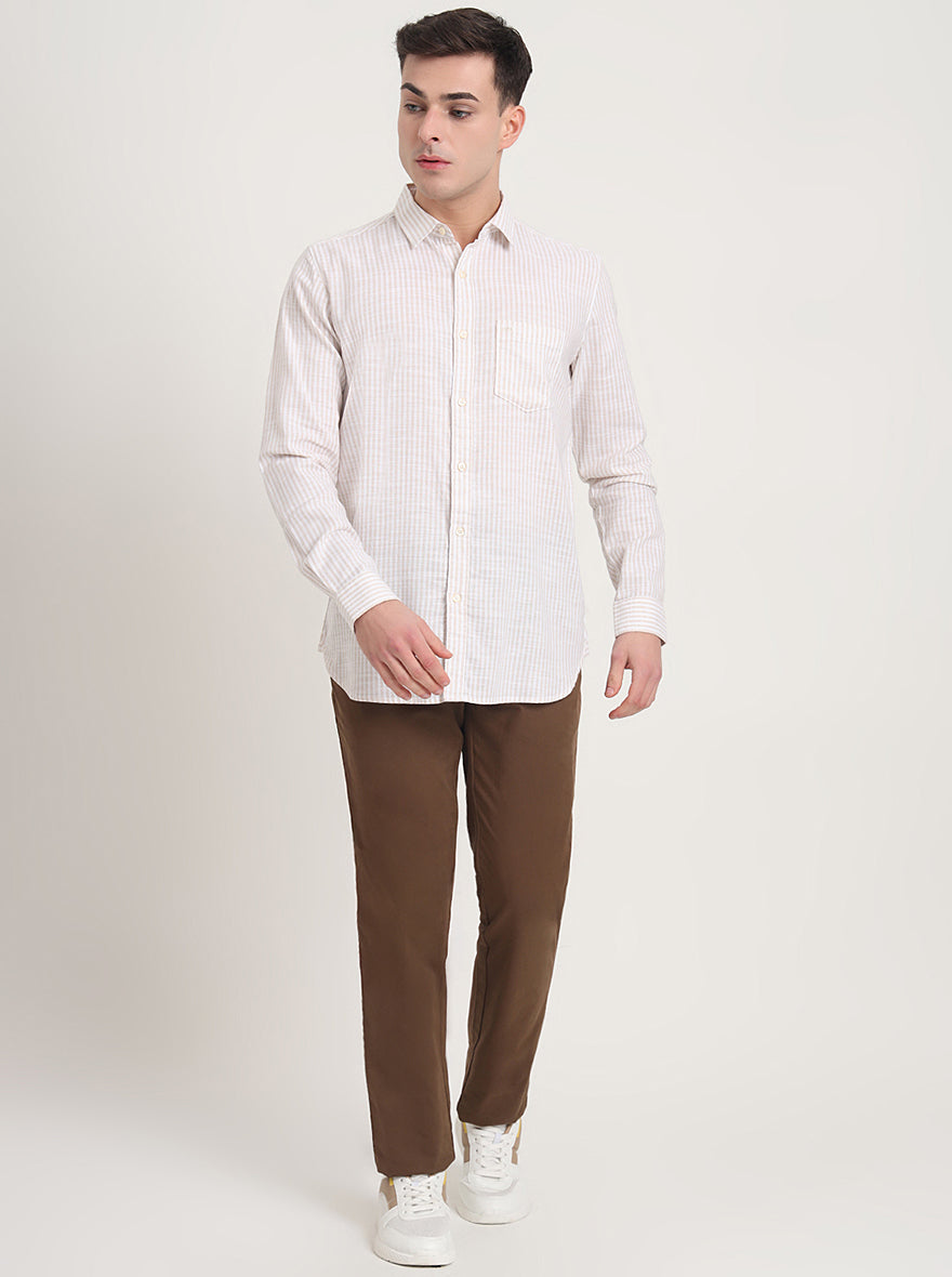 Beige Striped Slim Fit Casual Shirt | JadeBlue