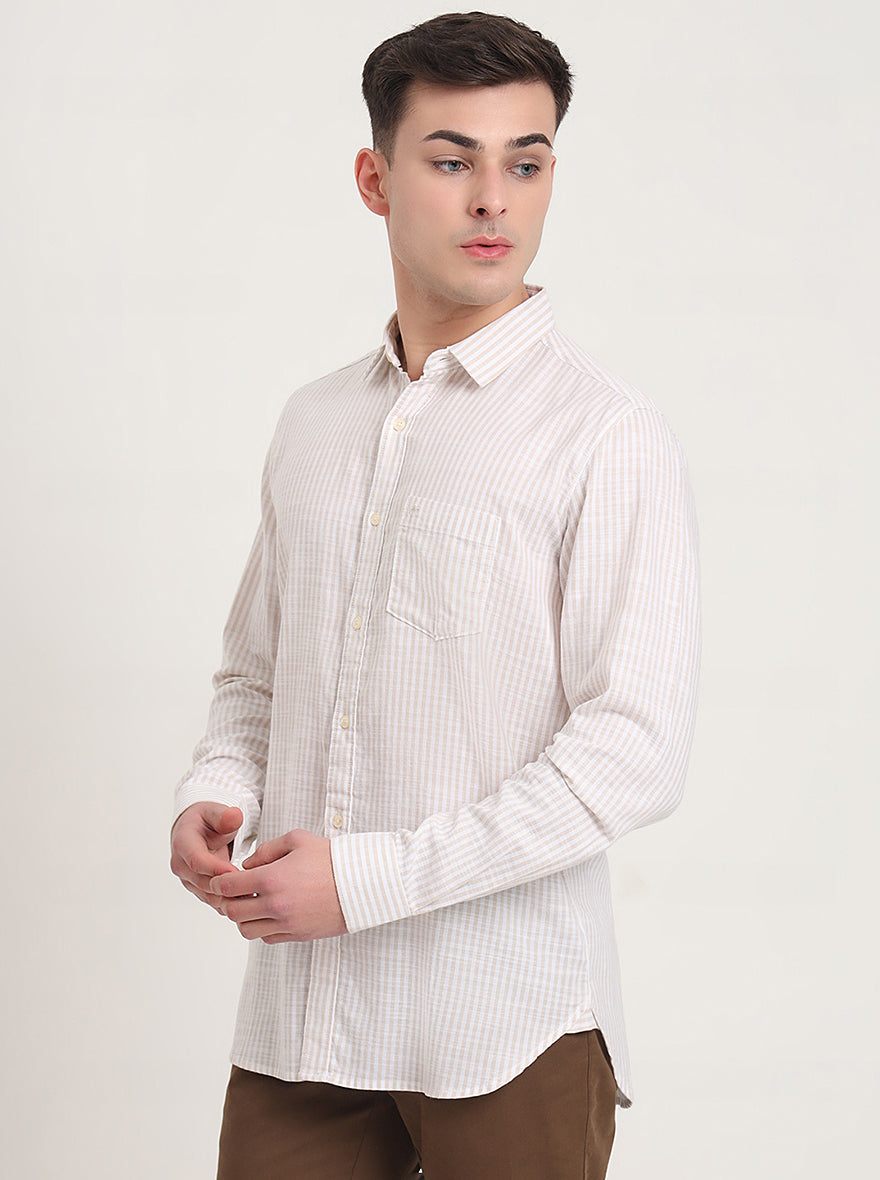 Beige Striped Slim Fit Casual Shirt | JadeBlue