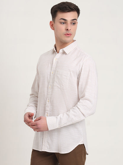 Beige Striped Slim Fit Casual Shirt | JadeBlue
