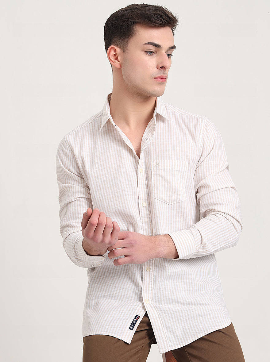 Beige Striped Slim Fit Casual Shirt | JadeBlue