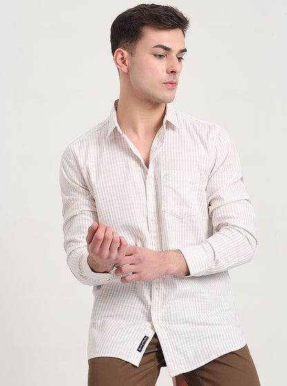 Beige Striped Slim Fit Casual Shirt | JadeBlue