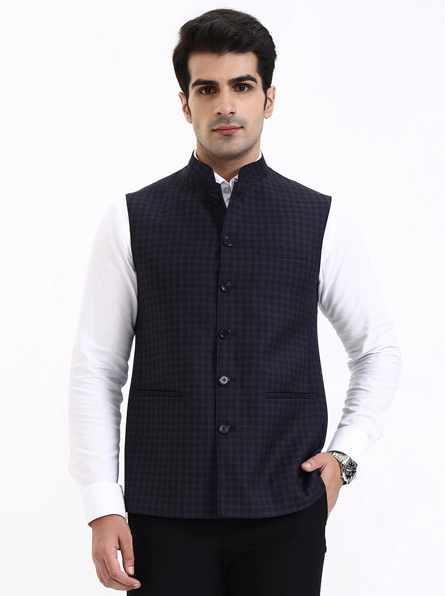 Navy Blue Checked Regular Fit Modi Jacket | JadeBlue