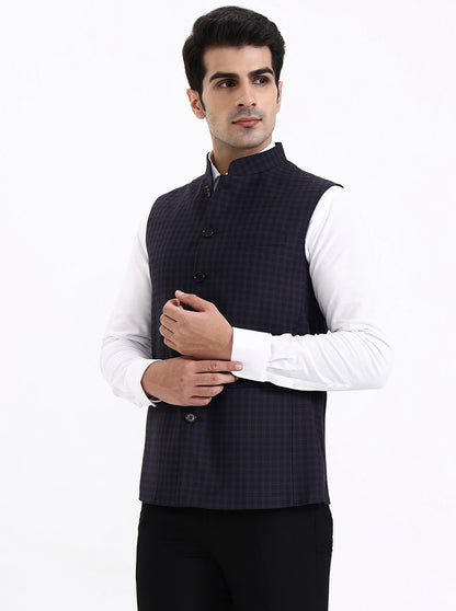 Navy Blue Checked Regular Fit Modi Jacket | JadeBlue