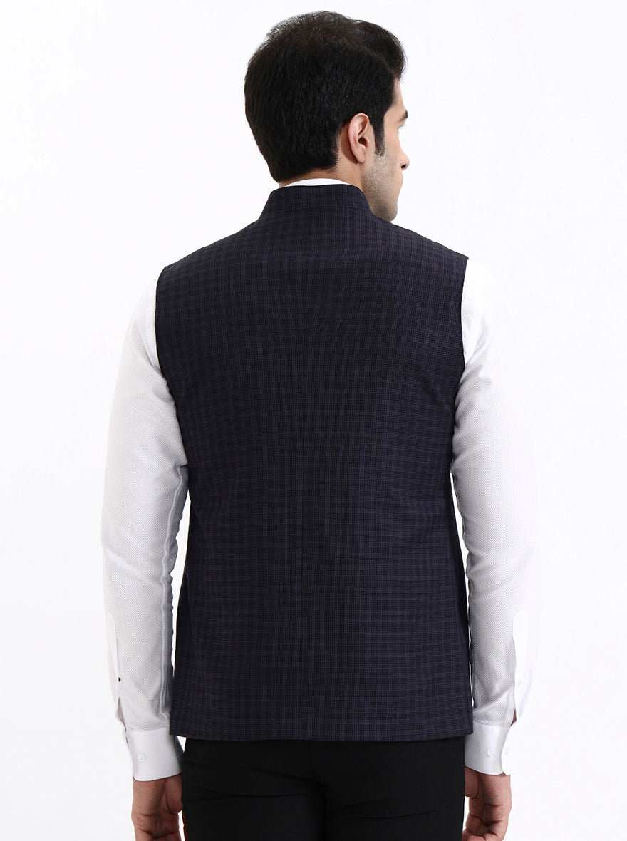 Navy Blue Checked Regular Fit Modi Jacket | JadeBlue