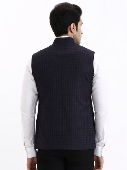 Navy Blue Checked Regular Fit Modi Jacket | JadeBlue