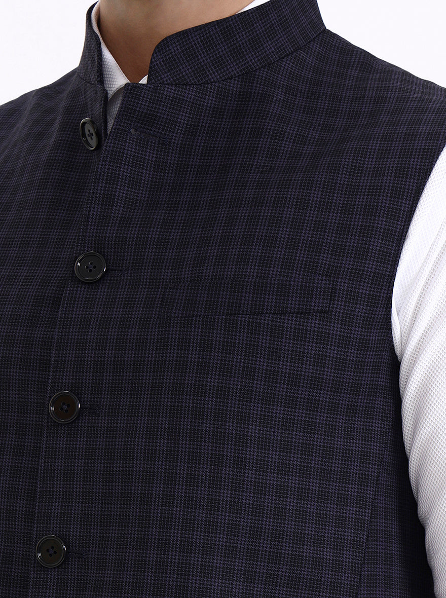 Navy Blue Checked Regular Fit Modi Jacket | JadeBlue