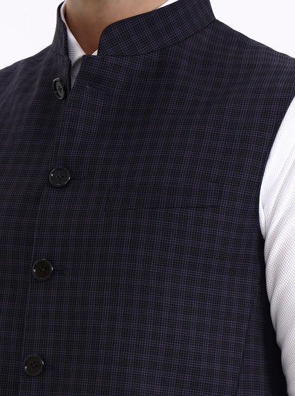 Navy Blue Checked Regular Fit Modi Jacket | JadeBlue