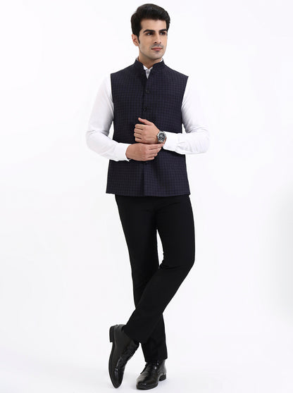 Navy Blue Checked Regular Fit Modi Jacket | JadeBlue