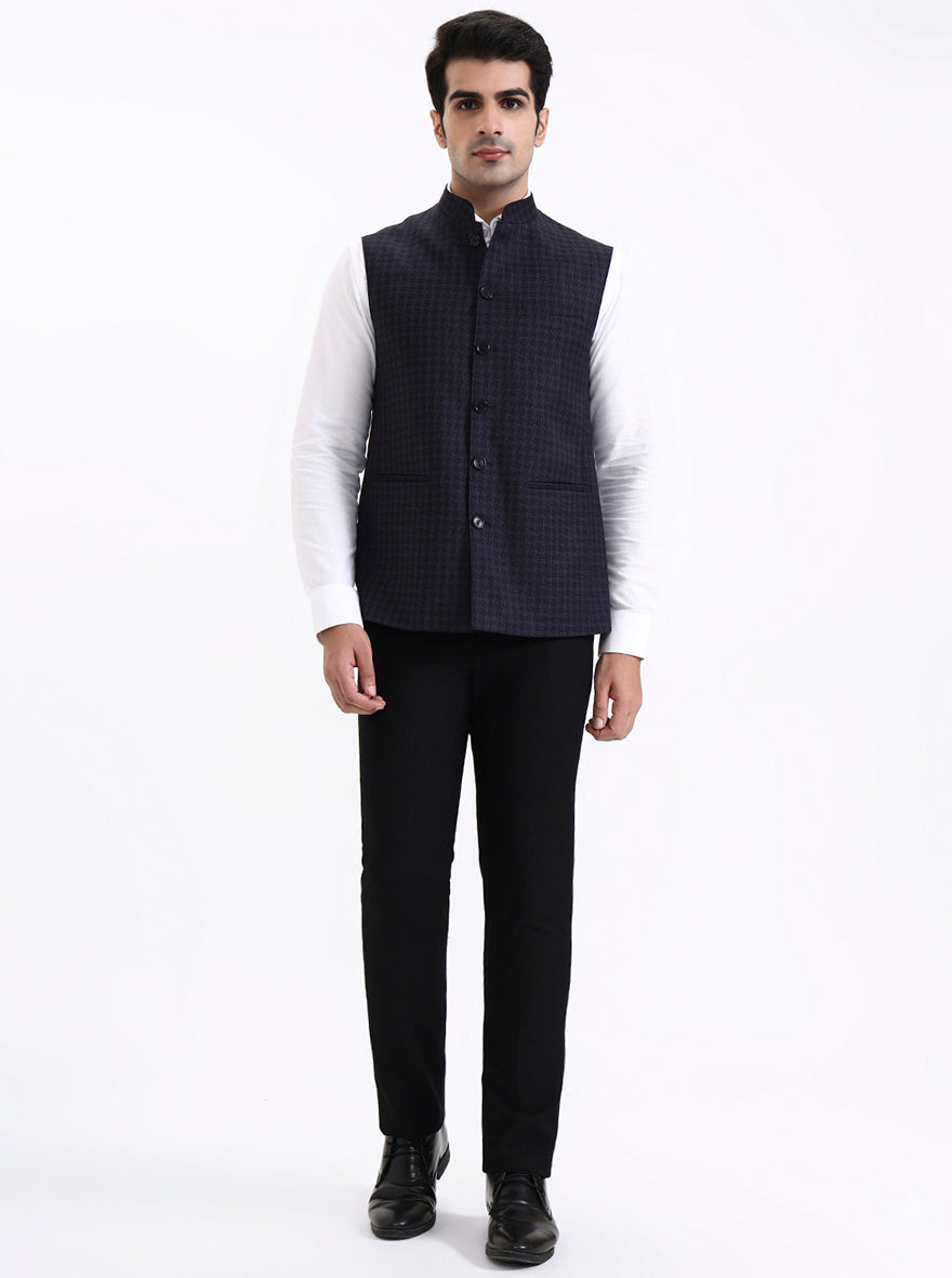 Navy Blue Checked Regular Fit Modi Jacket | JadeBlue