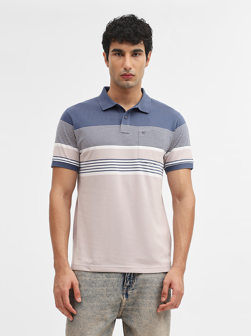 Blue & Fawn Striped Regular Fit Polo T-Shirt | Greenfibre