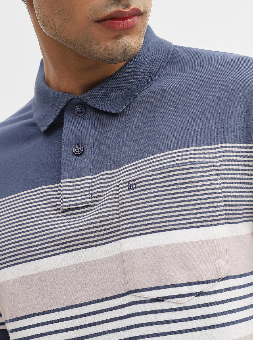 Blue & Fawn Striped Regular Fit Polo T-Shirt | Greenfibre