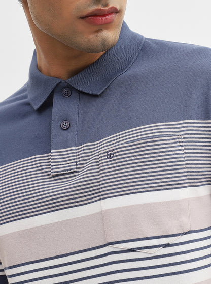 Blue & Fawn Striped Regular Fit Polo T-Shirt | Greenfibre