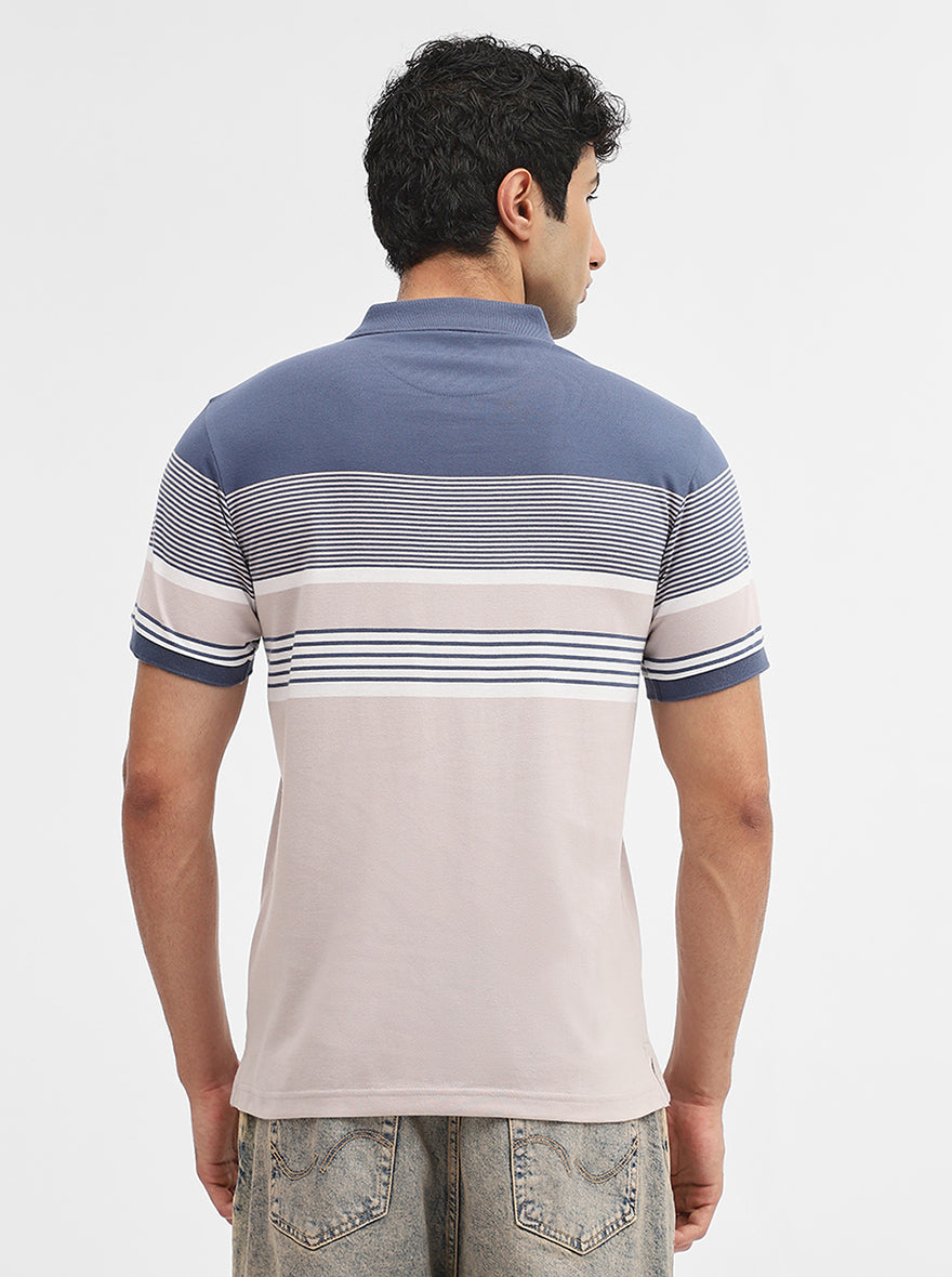 Blue & Fawn Striped Regular Fit Polo T-Shirt | Greenfibre