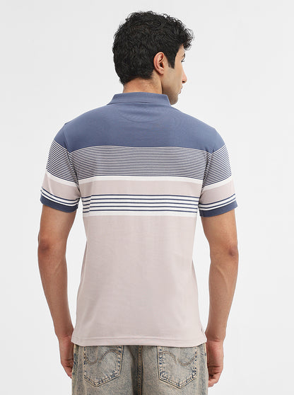 Blue & Fawn Striped Regular Fit Polo T-Shirt | Greenfibre