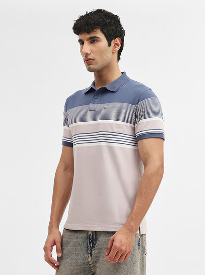 Blue & Fawn Striped Regular Fit Polo T-Shirt | Greenfibre