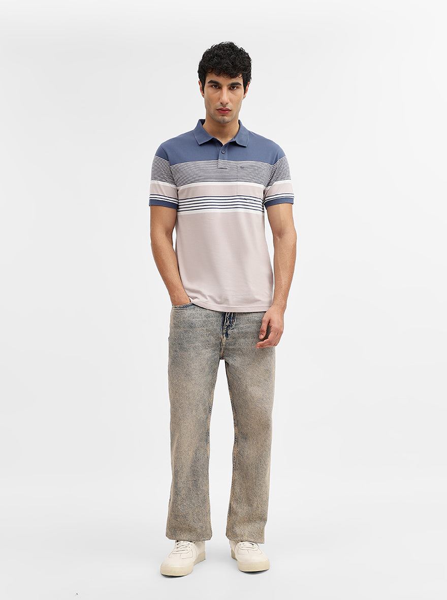 Blue & Fawn Striped Regular Fit Polo T-Shirt | Greenfibre