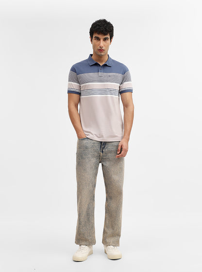 Blue & Fawn Striped Regular Fit Polo T-Shirt | Greenfibre