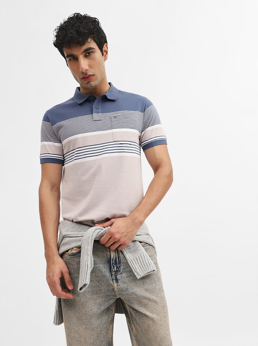 Blue & Fawn Striped Regular Fit Polo T-Shirt | Greenfibre