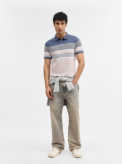 Blue & Fawn Striped Regular Fit Polo T-Shirt | Greenfibre