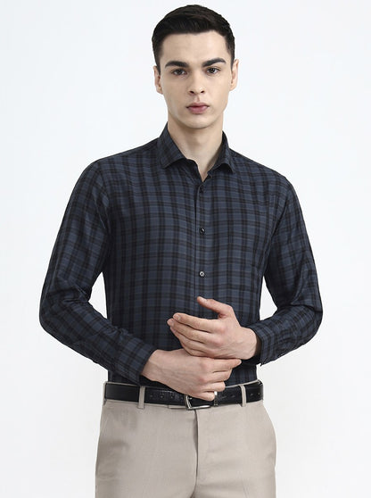 Grey & Black Checked Regular Fit Formal Shirt | Greenfibre