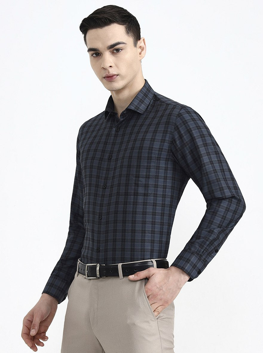 Grey & Black Checked Regular Fit Formal Shirt | Greenfibre