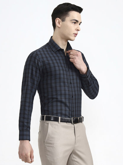 Grey & Black Checked Regular Fit Formal Shirt | Greenfibre