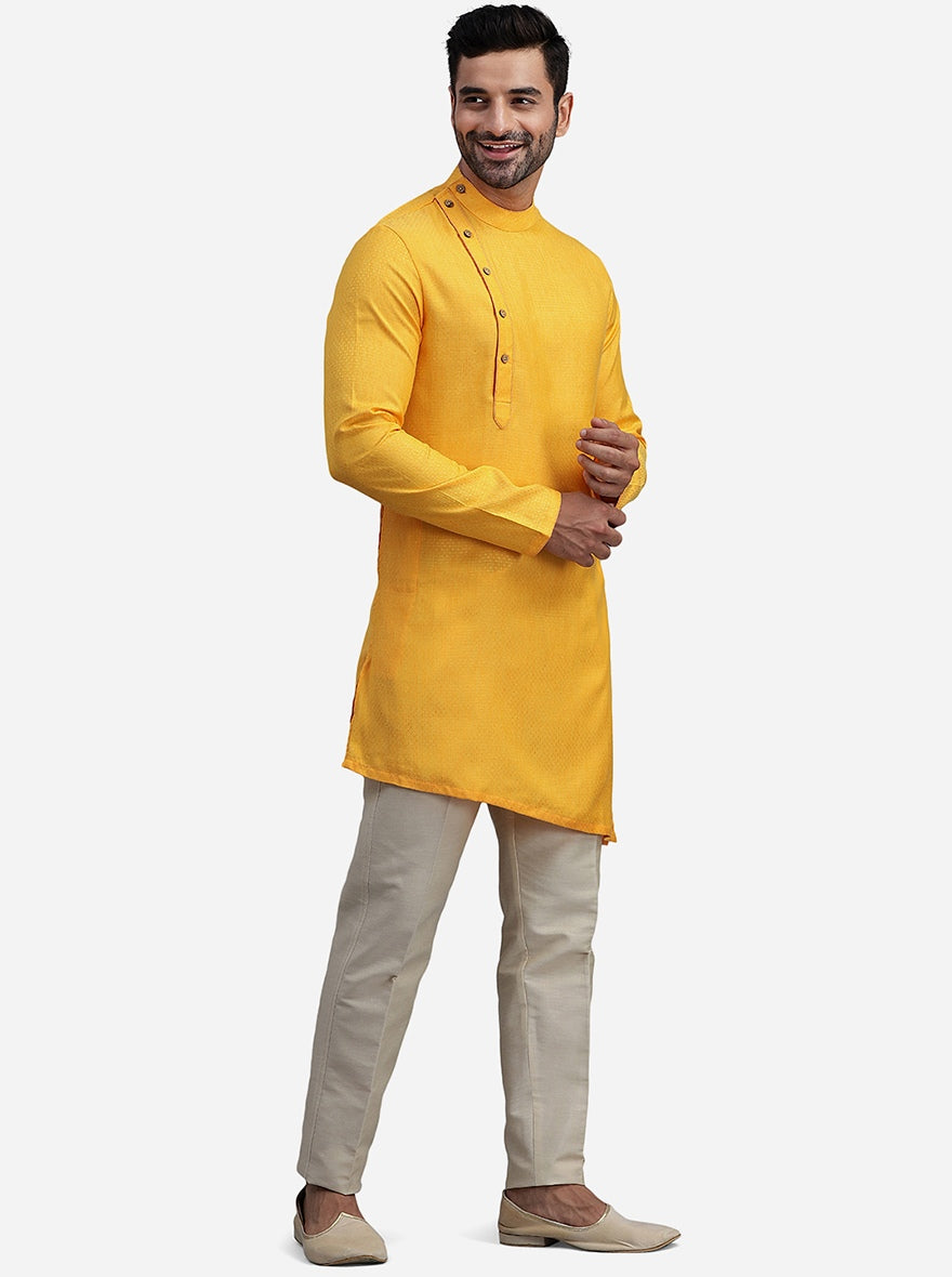 Yellow Haldi Silk Self Design Kurta for Men