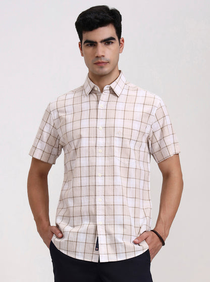 Beige Checked Slim Fit Casual Shirt | Greenfibre