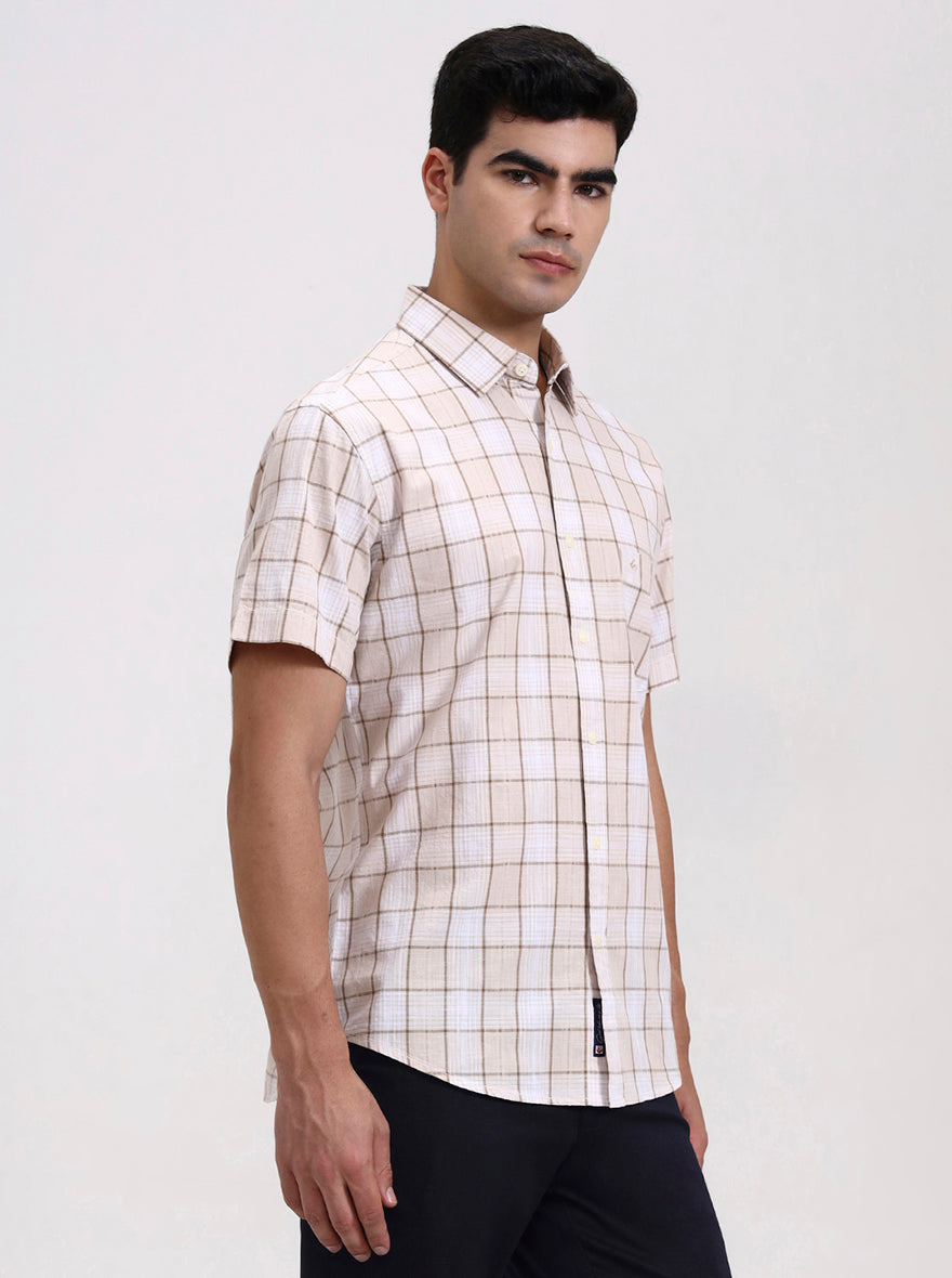 Beige Checked Slim Fit Casual Shirt | Greenfibre