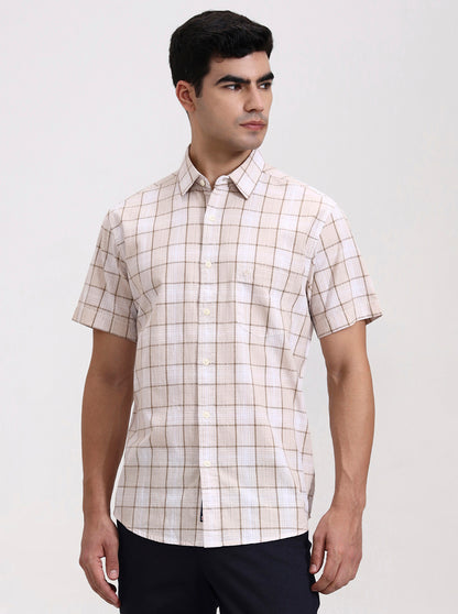 Beige Checked Slim Fit Casual Shirt | Greenfibre