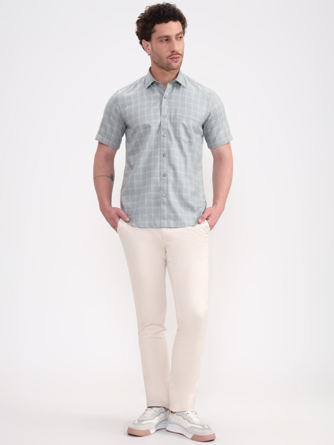 Green Checked Smart Fit Semi Casual Shirt | Greenfibre