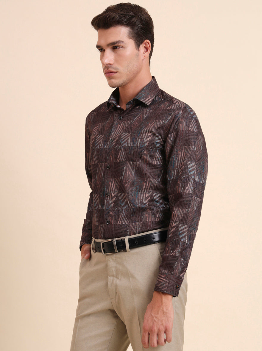 Brown Printed Slim Fit Party Wear Shirt | Greenfibre