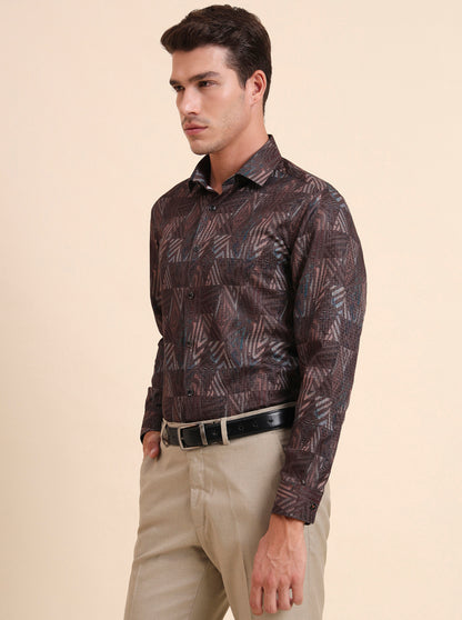 Brown Printed Slim Fit Party Wear Shirt | Greenfibre