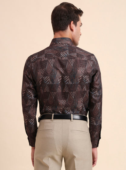 Brown Printed Slim Fit Party Wear Shirt | Greenfibre