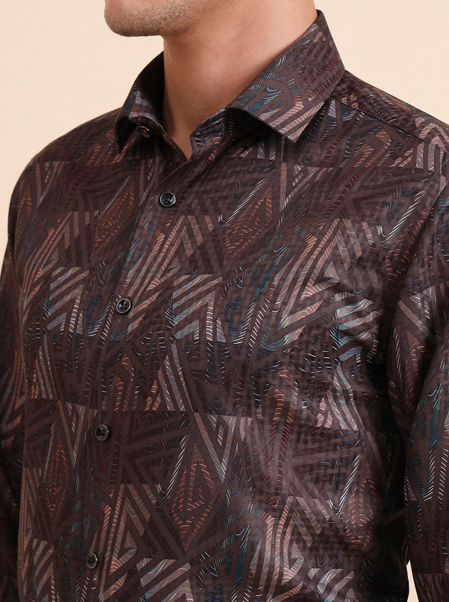 Brown Printed Slim Fit Party Wear Shirt | Greenfibre