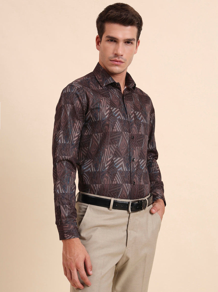 Brown Printed Slim Fit Party Wear Shirt | Greenfibre