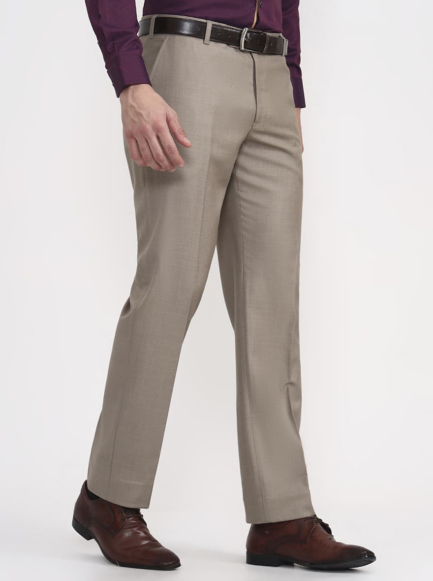 Beige Solid Regular Fit Formal Trouser | JadeBlue