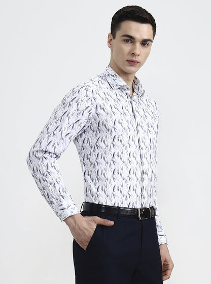 White & Base Grey Printed Slim Fit Party Wear Shirt | Greenfibre