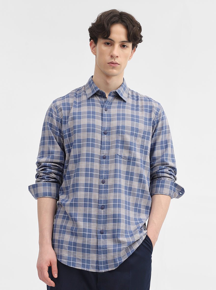 Blue Checked Slim Fit Casual Shirt | JadeBlue