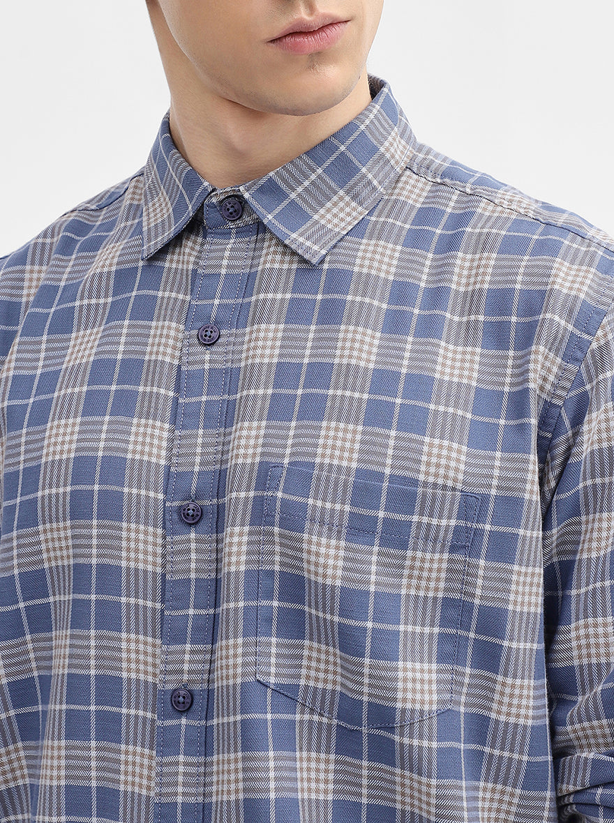 Blue Checked Slim Fit Casual Shirt | JadeBlue