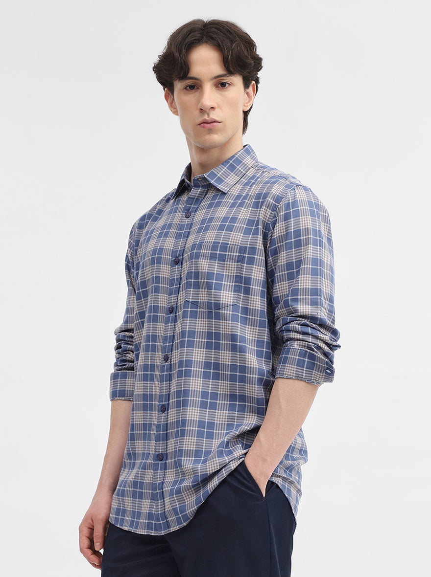 Blue Checked Slim Fit Casual Shirt | JadeBlue