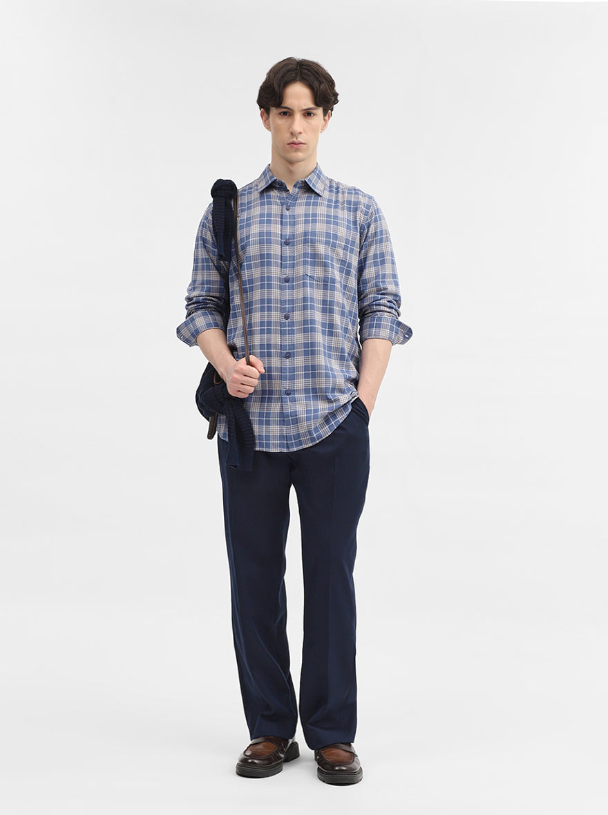 Blue Checked Slim Fit Casual Shirt | JadeBlue