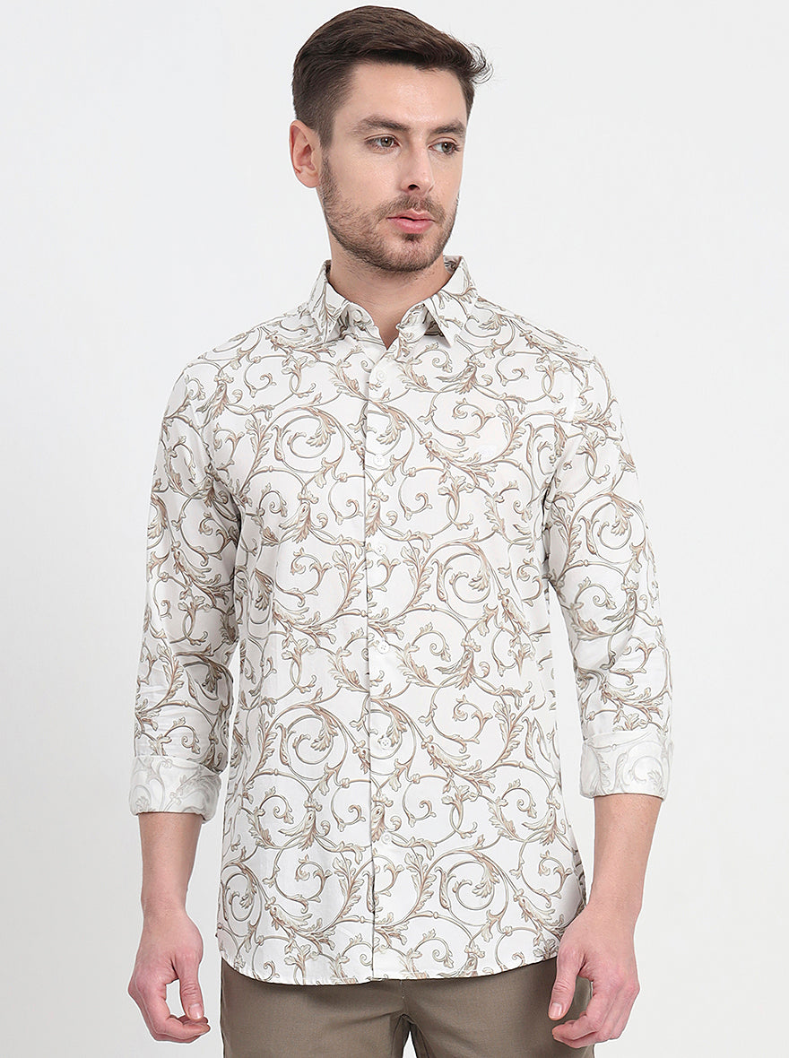 Olive Printed Slim Fit Casual Shirt | JadeBlue