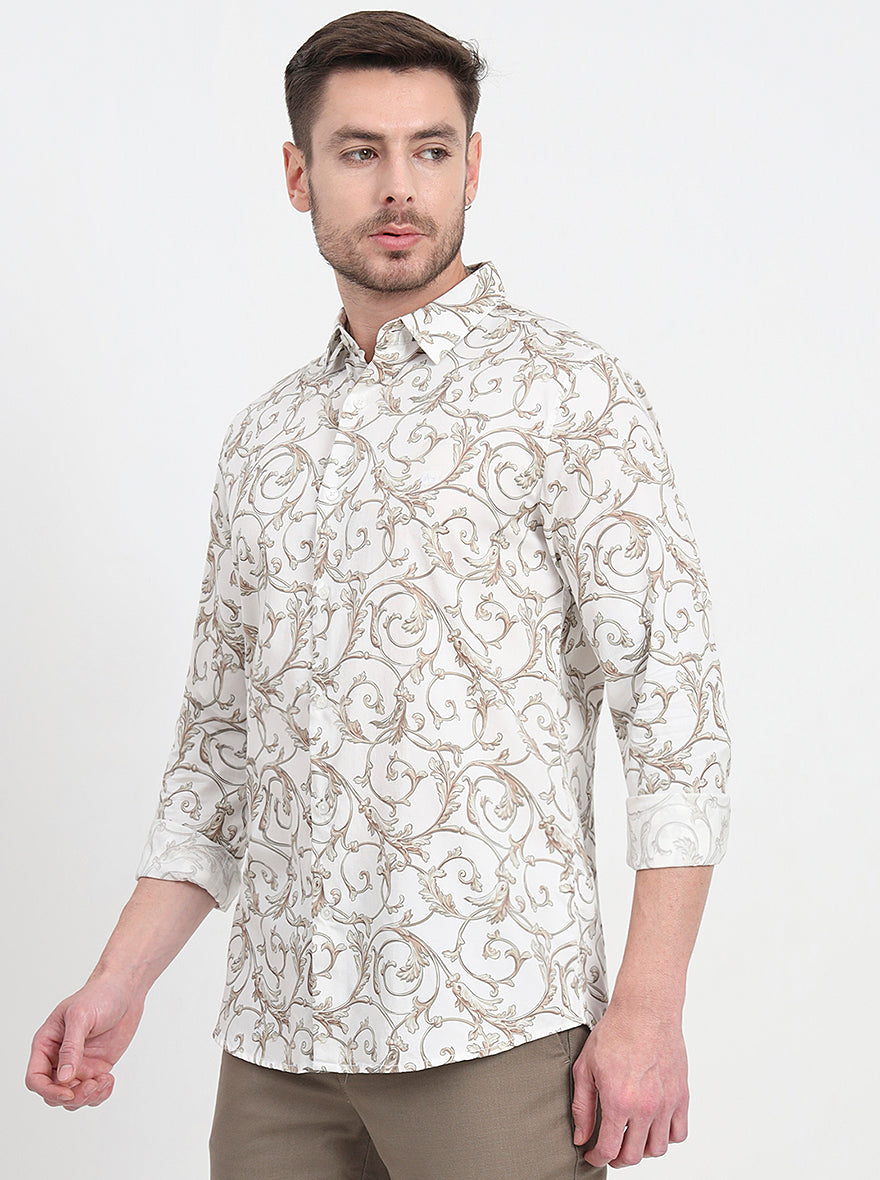 Olive Printed Slim Fit Casual Shirt | JadeBlue