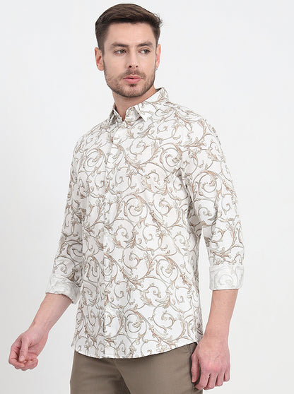 Olive Printed Slim Fit Casual Shirt | JadeBlue