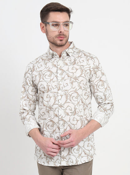 Olive Printed Slim Fit Casual Shirt | JadeBlue
