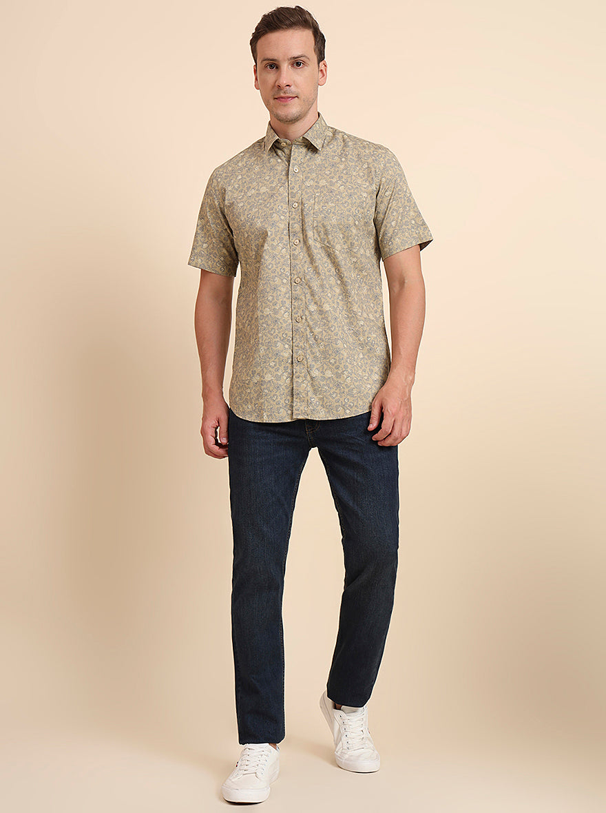 Beige Printed Tailored Fit Semi Casual Shirt | JadeBlue